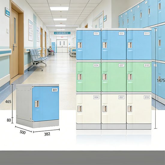 Space-saving ABS lockers installed in a hospital corridor for staff personal items
