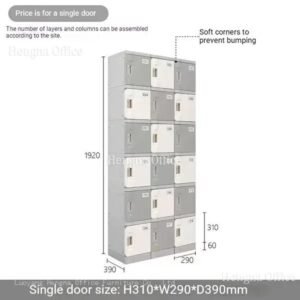 ABS Plastic 18 Door Modular Locker Cabinet, 6 Tier Waterproof Employee Lockers 11.4″W × 15.4″D × 12.2″H for Factory Changing Rooms