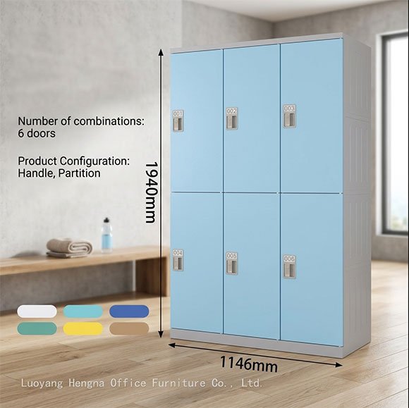 Blue 6-door chemical-resistant ABS plastic lockers for food industry and gym use, size 76.4 x 45.2 inches.