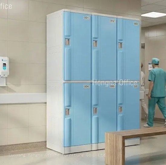 Plastic lockers installed in a swimming pool changing room, highlighting moisture-proof and rust-free benefits