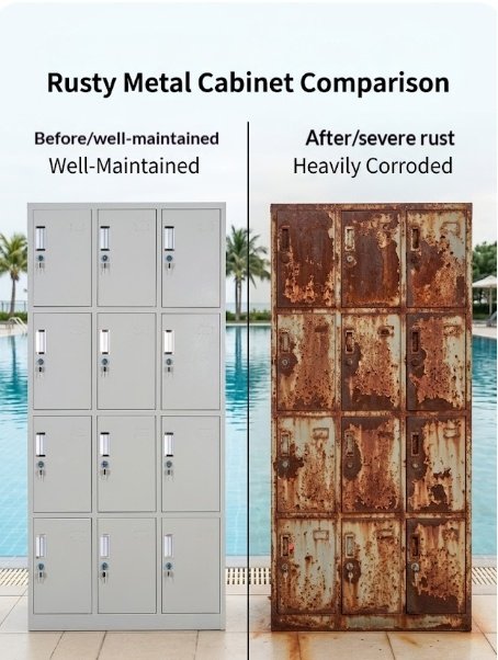 Rusty metal locker in pool changing room showing corrosion damage