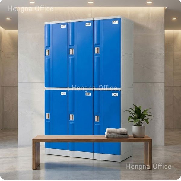 Modern pool changing room with waterproof ABS plastic lockers installed
