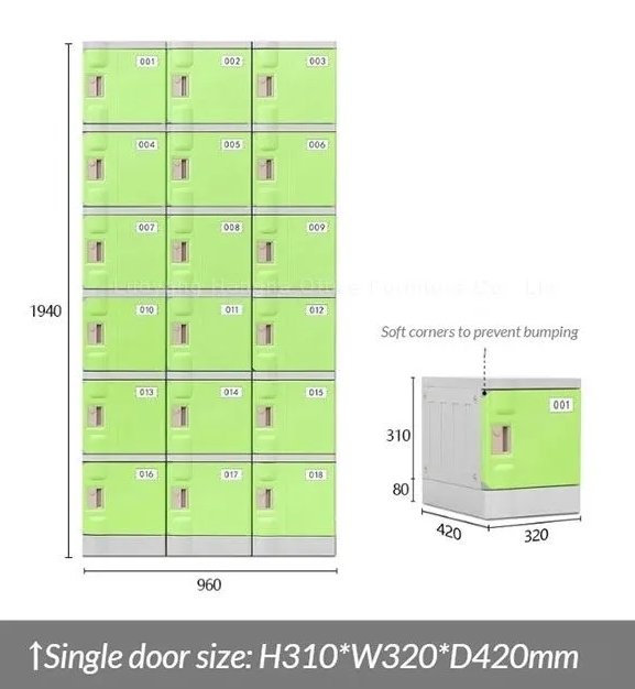 18-door soft-edge ABS school locker installed in classroom, 3 columns by 6 rows