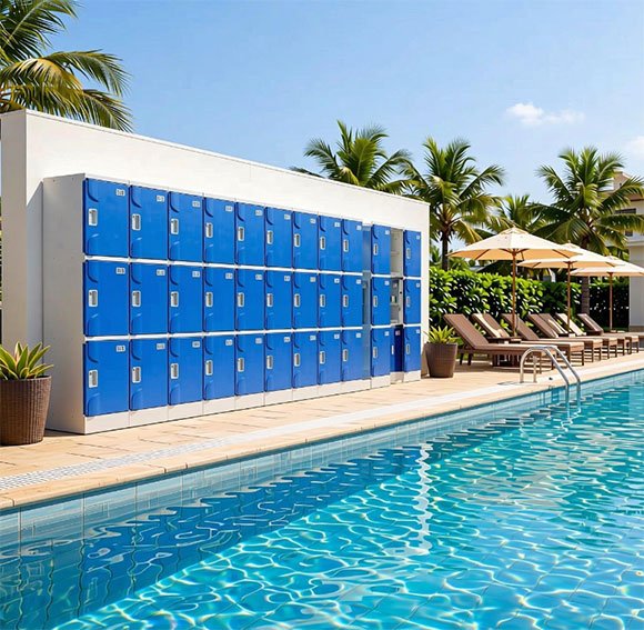 Large bank of blue ABS plastic lockers at hotel swimming pool — waterproof cabinet installation for resort guest storage