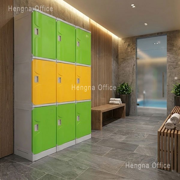 Inside view of a formaldehyde free ABS school locker showing ventilation slots, built-in coat hook, and smooth rounded interior corners, safe for children