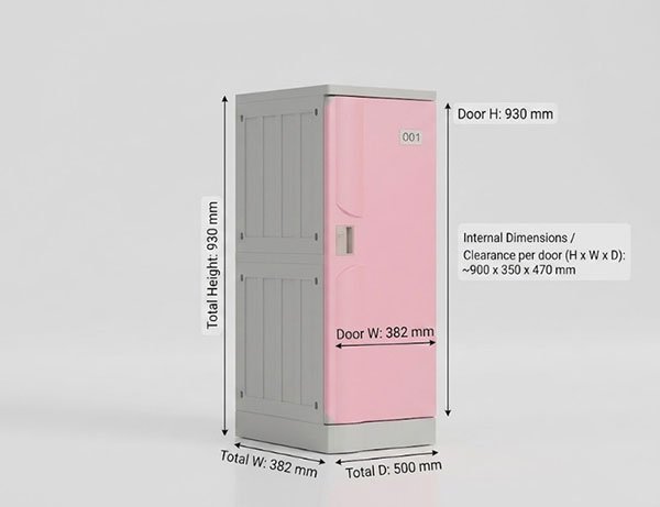 Wet Room ABS Lockers for Hostels and Hotels — 6 Doors That Handle Steam and Soaked Towels 2 ABS locker door module 930 x 382 x 500 mm with overall height, width and depth dimension callouts